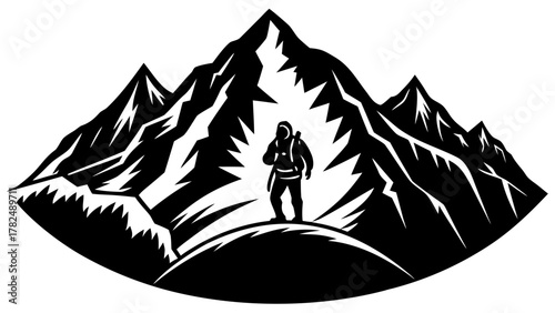 Mountaineer silhouette, standing before majestic mountains