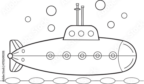 A playful outline drawing of a classic cartoon submarine undersea for kids learning and fun