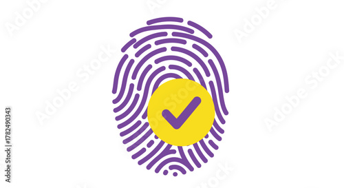 Fingerprint with checkmark inside purple and yellow graphic design silhouette