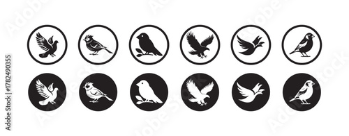 Bird Silhouette Icon Collection, Black & White Circular, bird icon symbol,  vector illustration EPS 10.