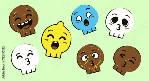 Playful cartoon skulls, each depicting a unique emotion with charming hand-drawn style, ideal for whimsical and expressive art
