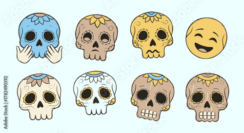 Playful and emotive sugar skull-inspired illustrations alongside a cheerful emoji, capturing a spectrum of feelings and artistic styles