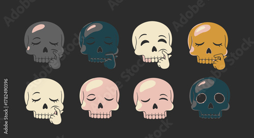 Eight playful cartoon skulls, each with unique colors and expressions, conveying different moods and contemplative thoughts