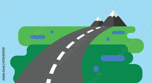 A winding road leads toward distant mountains in a flat design silhouette