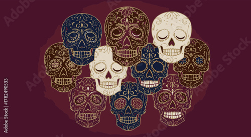 Collection of vibrantly decorated stylized skull illustrations, symbolizing tradition and memory with intricate patterns