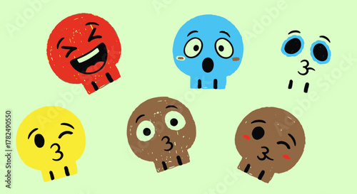 A cheerful and diverse collection of colorful cartoon skulls conveying various playful emotions and expressive gestures