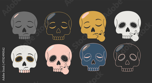 A collection of stylized skull illustrations depicting a diverse range of human emotions and unique expressions in a fun and quirky way