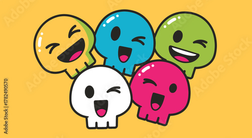A vibrant group of diverse cartoon skulls showcasing cheerful expressions and playful camaraderie, perfect for lively designs and spirited content
