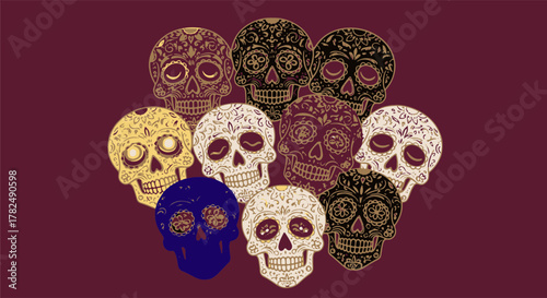 Vibrant collection of ornately decorated sugar skulls arranged artistically, celebrating traditional cultural festivities and remembrance with intricate patterns