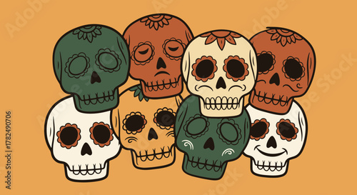 Vibrant and intricately decorated sugar skulls in an illustrative style, celebrating traditional festivities and cultural heritage with joyful symbolism