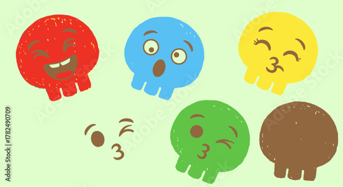 Playful and colorful cartoon skulls, each displaying a different whimsical emotion, perfect for lively graphic design