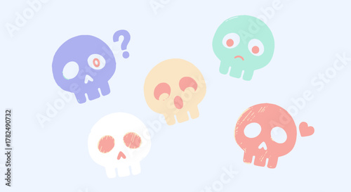 A vibrant collection of five pastel cartoon skulls, each displaying unique expressions, perfect for playful and lighthearted design