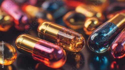 Multiple colorful pharmaceutical capsules are arranged closely together with metallic accents and high reflectivity