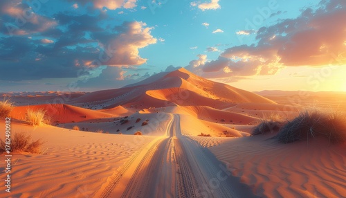 Fototapeta Naklejka Na Ścianę i Meble -  Desert Landscape with Tire Tracks