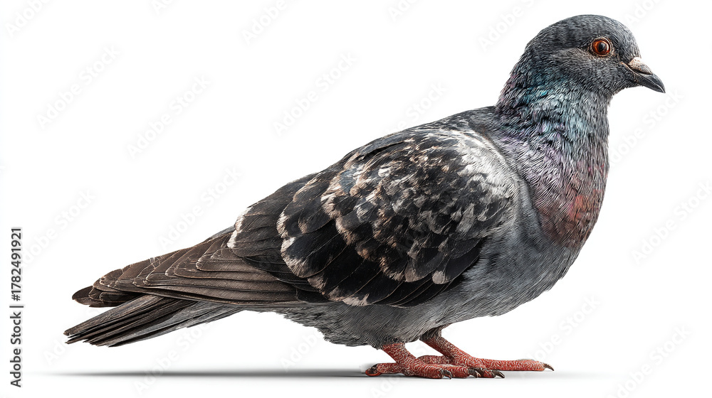 Obraz premium A side view of a pigeon standing on a white background with its feathers clearly visible