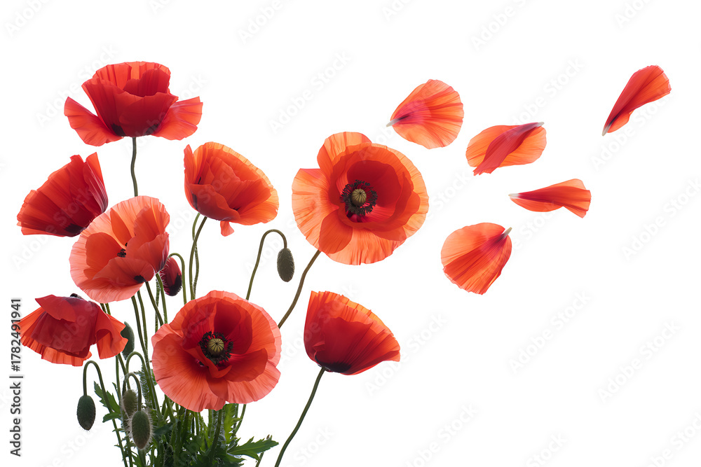 Naklejka premium Red poppies on transparent background isolated with clipping path for design element, studio shot