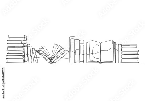Abstract continuous line drawing illustrating a row of books, some open, representing knowledge and reading
