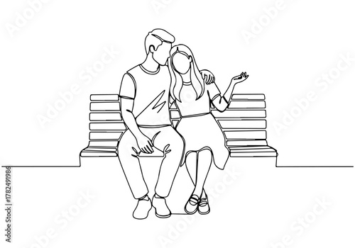 A heartwarming continuous line drawing illustrating a young couple sharing a moment of tender connection while seated on a peaceful park bench, symbolizing love and companionship and affection