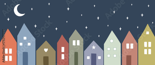 Vektorgrafik mit bunten Häusern, Mond und Sternenhimmel.