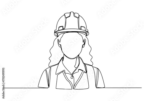 Continuous line drawing depicting a professional worker in a hard hat, symbolizing safety and expertise in engineering or industrial construction