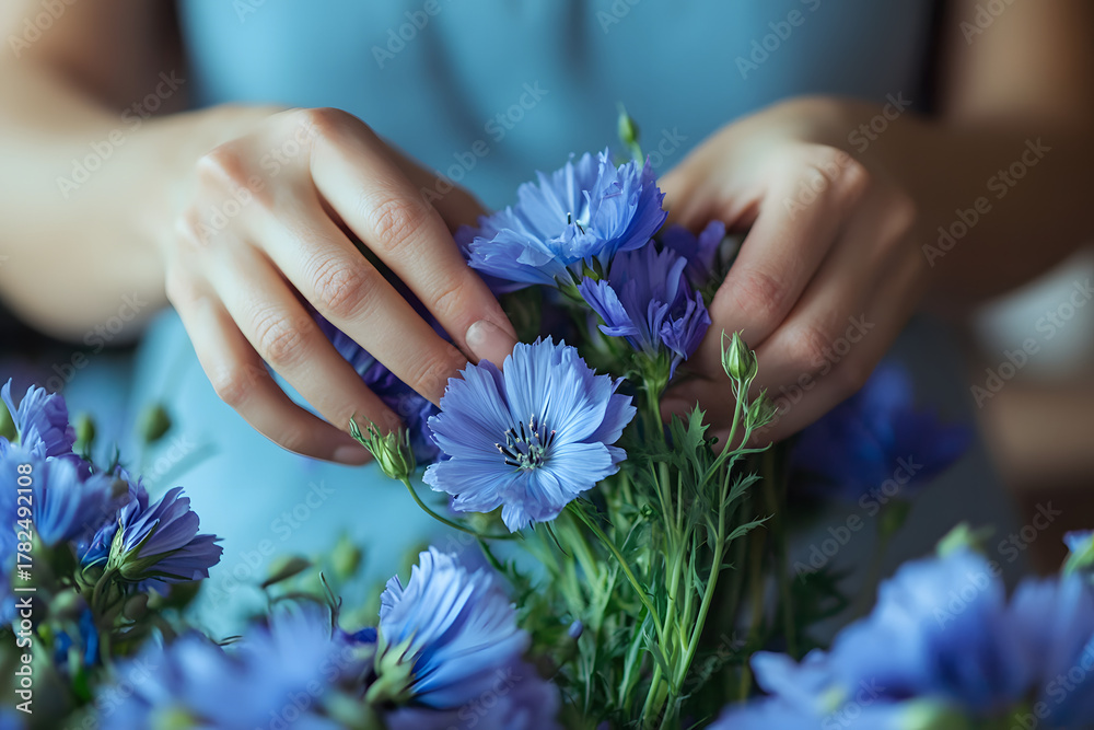 Fototapeta premium Florist Crafting a Bouquet with Vibrant Chicory Flowers 