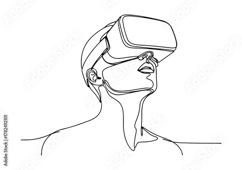 Abstract continuous line drawing of a person wearing a virtual reality headset, signifying immersive digital experiences and futuristic technology for connection