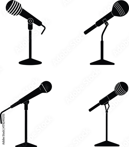 A set of focused image of microphone on a stand silhouette