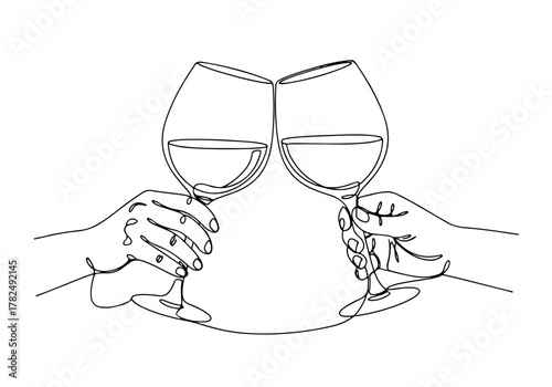 Joyful continuous line drawing depicting two hands making a toast with wine glasses, an elegant and minimalistic single stroke art illustration for celebrations and cheers