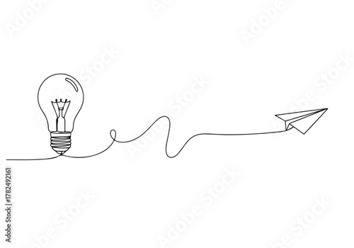Continuous line drawing illustrating an inspiring journey from a bright idea light bulb to a paper airplane flying towards innovation and success