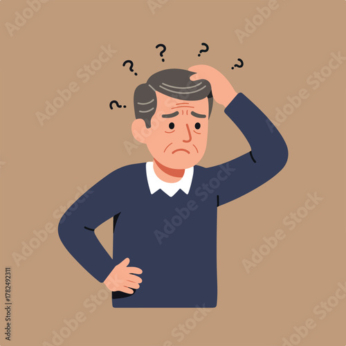 Illustration of a concerned man with question marks. He's touching his head in confusion, showing worried expression