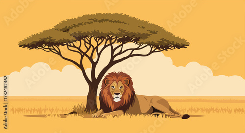 Lion rests under tree in savannah landscape