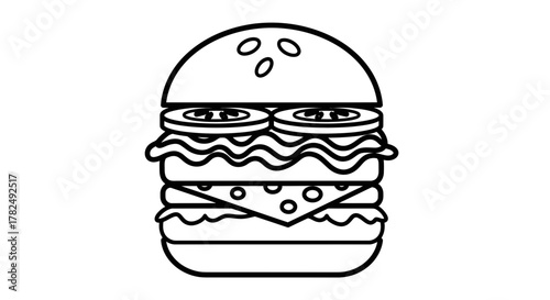 Detailed black and white vector illustration of a flavorful burger showcasing fresh ingredients