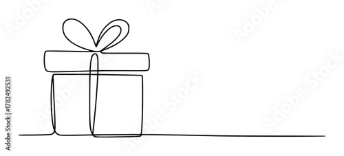 Minimalist single line drawing of a gift box with a bow on a white background
