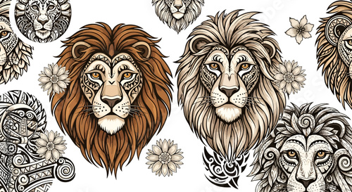 Detailed lion head illustrations showcase elaborate linework and decorative floral elements
