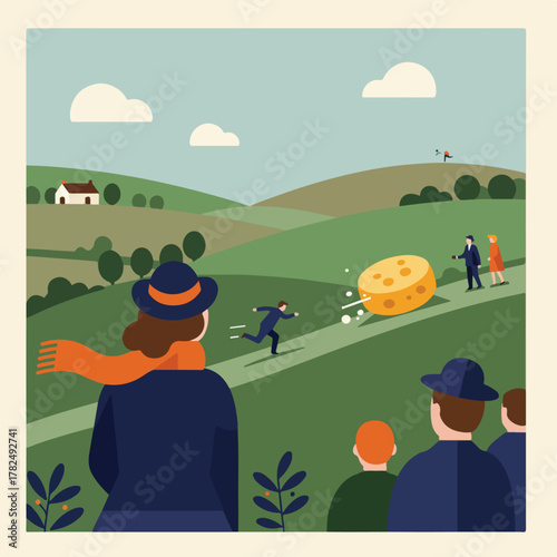 A person chases a rolling cheese down a green hillside, observed by spectators in a serene landscape