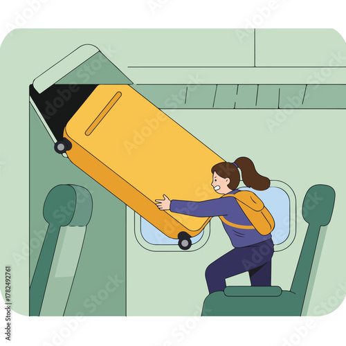 A woman strains to lift a large yellow suitcase into an overhead compartment on an airplane