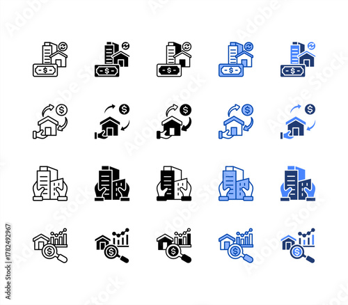 ROI, Refinance, Property, Market analysis multiple style icon set.