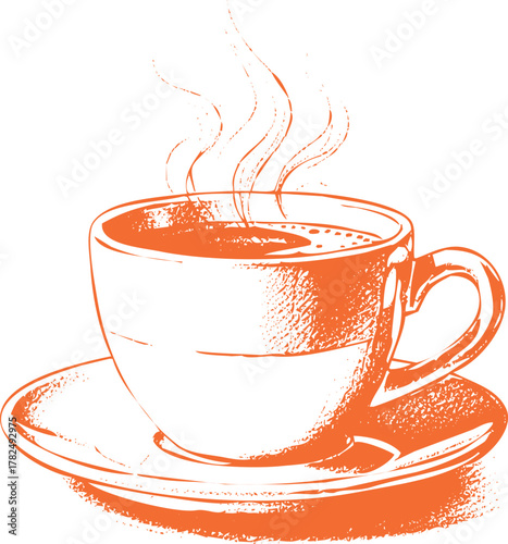 Orange ink sketch of a steaming coffee cup and saucer hot drink beverage