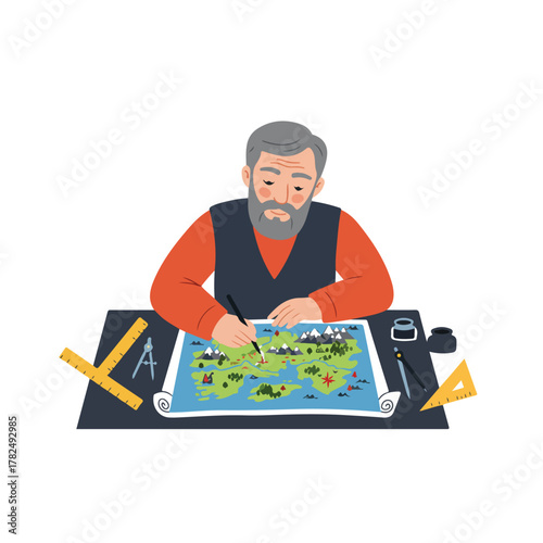 An older man with a grey beard is drawing on a map, with tools and a rolled-up blueprint beside him