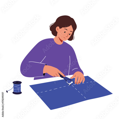Illustration depicts a woman cutting fabric. A spool of thread rests nearby. Dotted lines mark the fabric