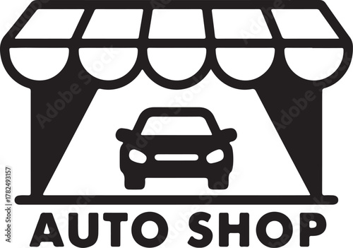 A bold black and white icon of an auto shop with a scalloped awning, a car silhouette inside, and "AUTO SHOP" text below, perfect for logos, signs, or marketing materials for car dealerships, repair .