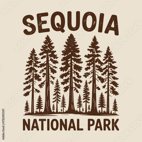 Sequoia National Park T-Shirt Design – Vintage hand-drawn forest illustration, perfect for adventure apparel, stickers, posters, backgrounds, and tourism-themed merchandise.