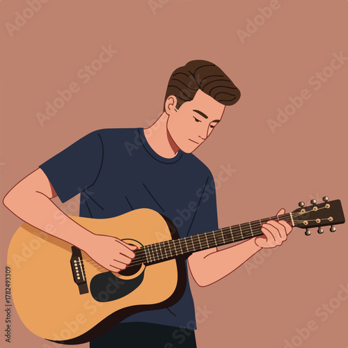 Illustration of a man playing an acoustic guitar against a brown backdrop, rendered in a flat design