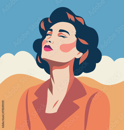 Vector flat illustration of a retro portrait of a woman with closed eyes looking up. Women's Day. Blue sky, clouds. Symbol of inspiration, inner peace. Avatar for social media, websites, posters, app
