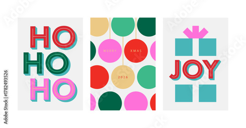 Modern Vector Set of Christmas Cards – Merry Xmas, Ho Ho Ho, Joy Holiday Templates with Gifts and Baubles Isolated on Bright Backgrounds