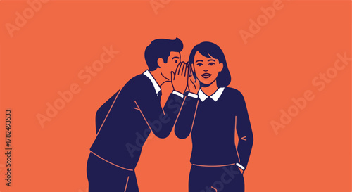 Illustration of person whispering to another, on an orange background