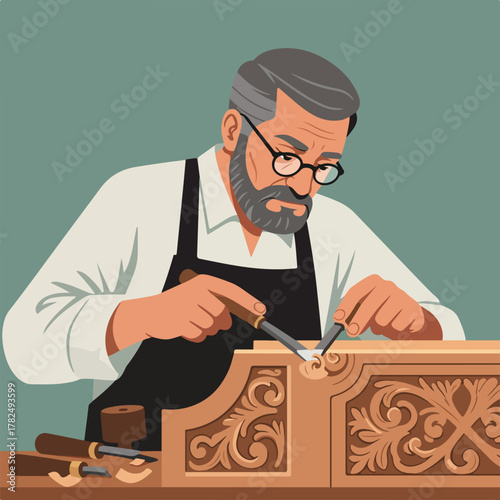 A craftsman with glasses and a gray beard carves wood with a chisel, focused on intricate details