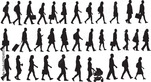 Walking People Silhouette Set – Side View Vector Illustration 