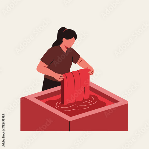 A person immerses a red fabric into a red vat in an illustration with a light background