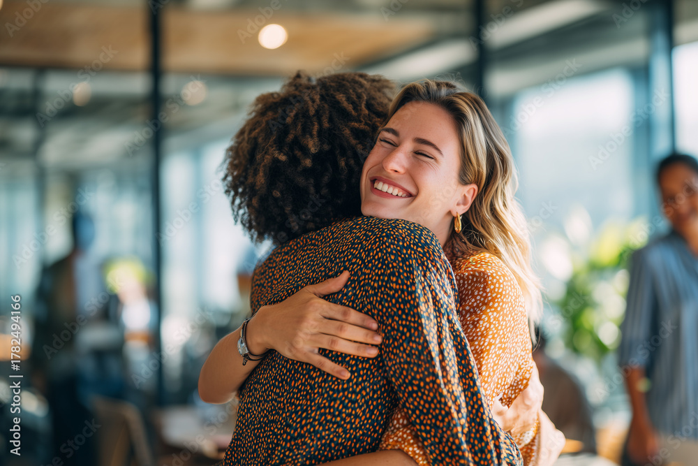 © EricMiguel - Joyful colleagues embracing in a bright modern office — two women share a warm hug, celebrating reunion, teamwork, friendship and workplace connection.